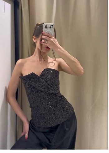 Zara limited Parlak Siyah Straplez Midi Büstiyer - Görsel 2
