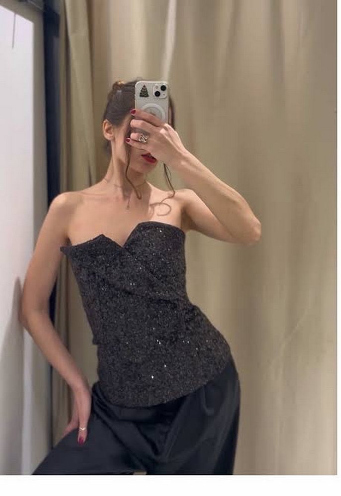 Zara limited Parlak Siyah Straplez Midi Büstiyer - Görsel 2