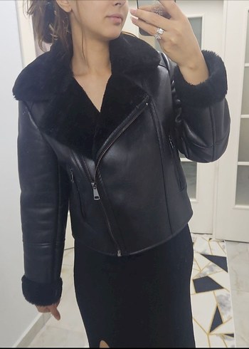 Kürklü Siyah Deri Biker Ceket