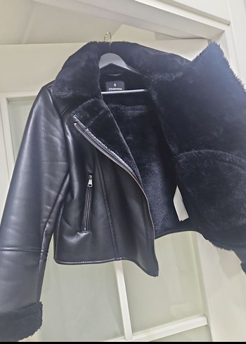 s Beden Kürklü Siyah Deri Biker Ceket