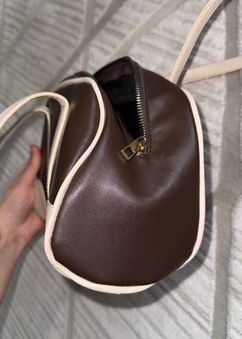 Bej Detaylı Koyu Kahverengi Deri Kadın Çanta - Görsel 6