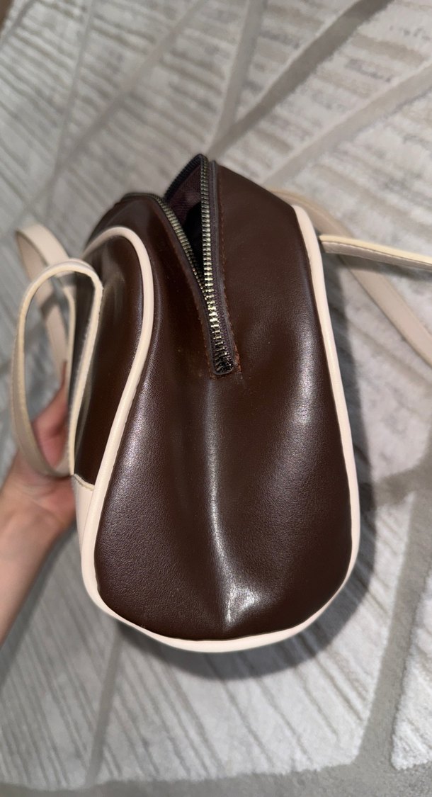 Bej Detaylı Koyu Kahverengi Deri Kadın Çanta - Görsel 5