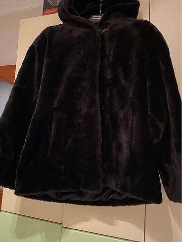 m Beden Siyah peluş oversize kapüşonlu kaban