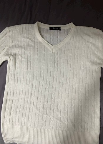 Beyaz V Yakalı Örgü Kadın Triko - Görsel 2