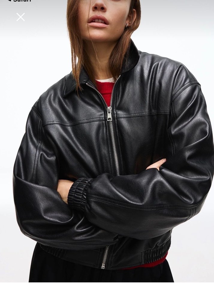 Kadın Siyah Deri Ceket Rahat Kesim - Görsel 2