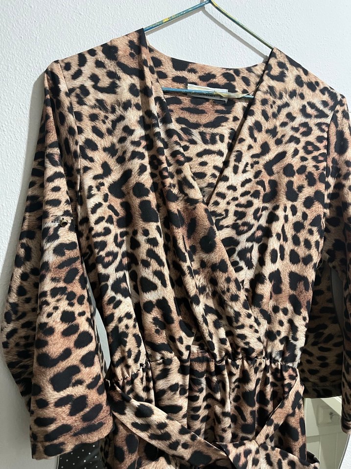 Leopar Desenli Kahverengi Uzun Elbise - Görsel 2