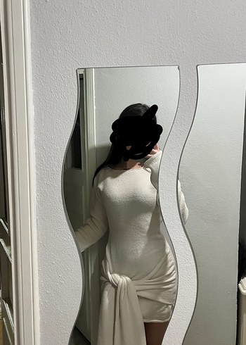 Beyaz Uzun Kollu Drapeli Midi Triko Elbise - Görsel 3