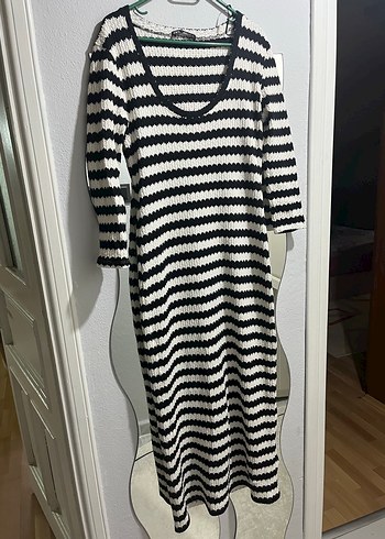 Çizgili zara Siyah Triko Midi Elbise - Görsel 2