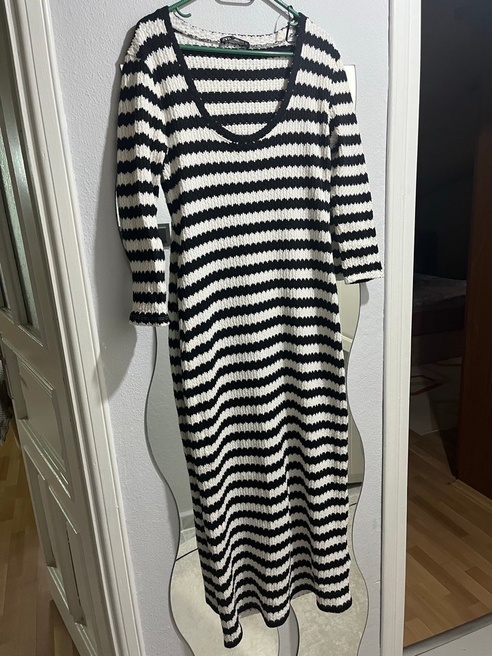 Çizgili zara Siyah Triko Midi Elbise - Görsel 2