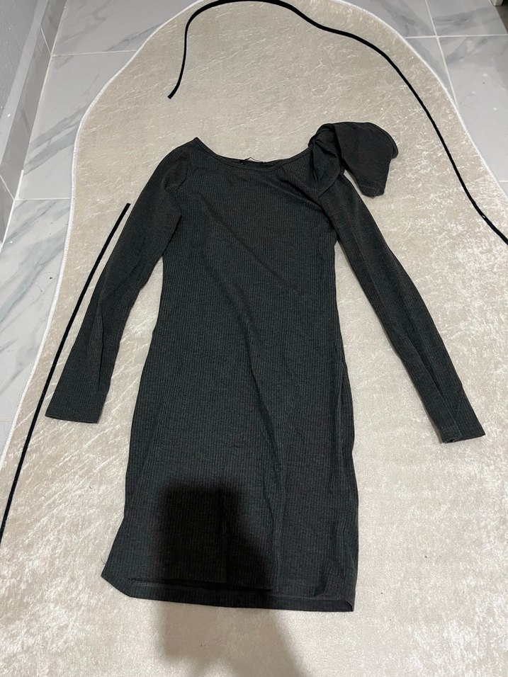 Siyah boyunlu Uzun Kollu Denim Mini Elbise - Görsel 2