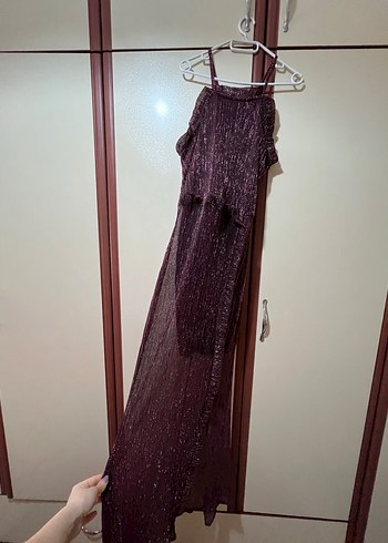 Mor/Mürdüm Fırfırlı Uzun Abiye Elbise - Görsel 8