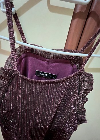 Mor/Mürdüm Fırfırlı Uzun Abiye Elbise - Görsel 9