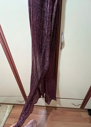 Mor/Mürdüm Fırfırlı Uzun Abiye Elbise - Görsel 3