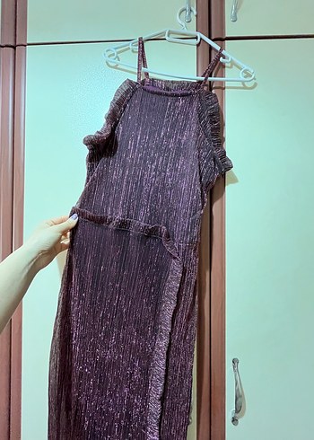 Mor/Mürdüm Fırfırlı Uzun Abiye Elbise - Görsel 5