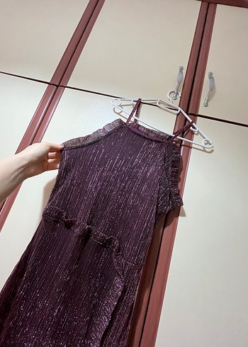 Mor/Mürdüm Fırfırlı Uzun Abiye Elbise - Görsel 2