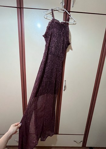 Mor/Mürdüm Fırfırlı Uzun Abiye Elbise - Görsel 7