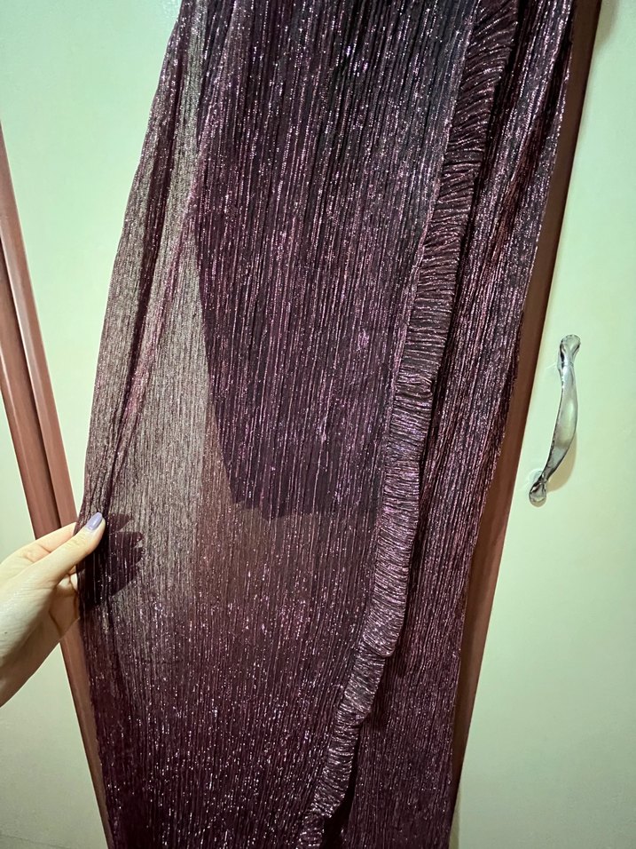 Mor/Mürdüm Fırfırlı Uzun Abiye Elbise - Görsel 4