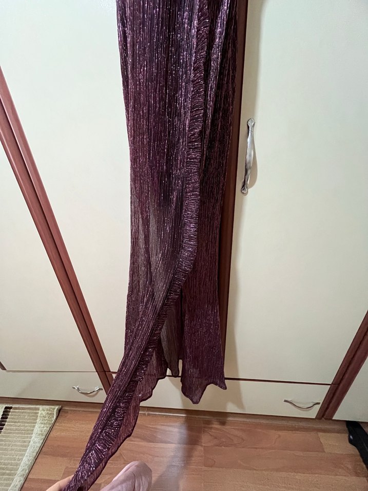 Mor/Mürdüm Fırfırlı Uzun Abiye Elbise - Görsel 3