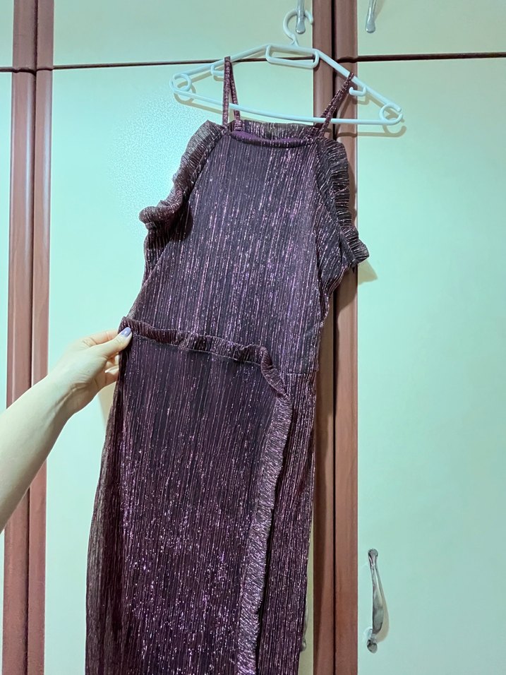 Mor/Mürdüm Fırfırlı Uzun Abiye Elbise - Görsel 5