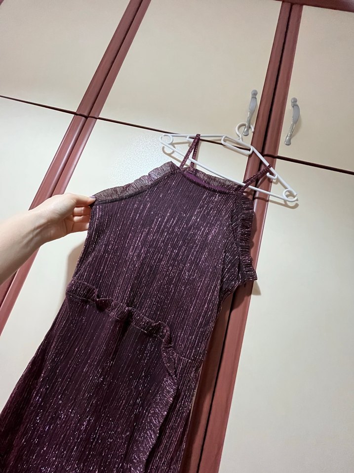 Mor/Mürdüm Fırfırlı Uzun Abiye Elbise - Görsel 2