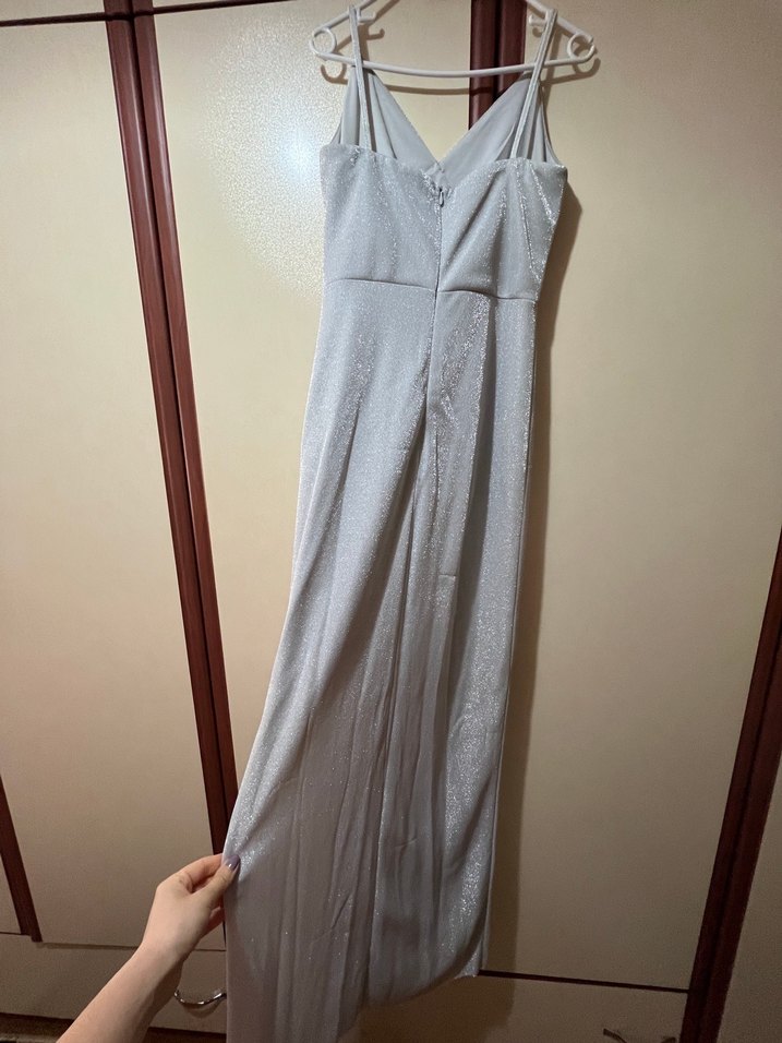 Gri Uzun Askılı Drapeli V Yaka Abiye Elbise - Görsel 5