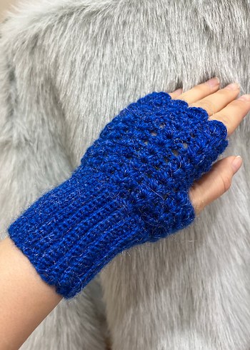 Mavi Örgü Parmaksız Kadın Eldiveni - Görsel 6