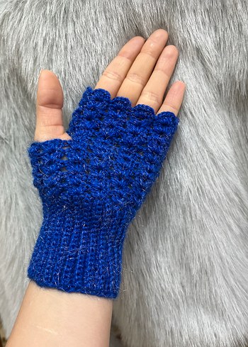 Mavi Örgü Parmaksız Kadın Eldiveni - Görsel 7