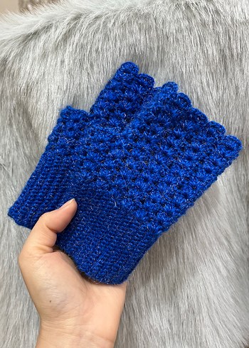 Mavi Örgü Parmaksız Kadın Eldiveni - Görsel 4