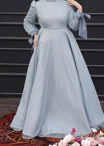 Mavi İşlemeli Uzun Abiye Elbise - Görsel 2