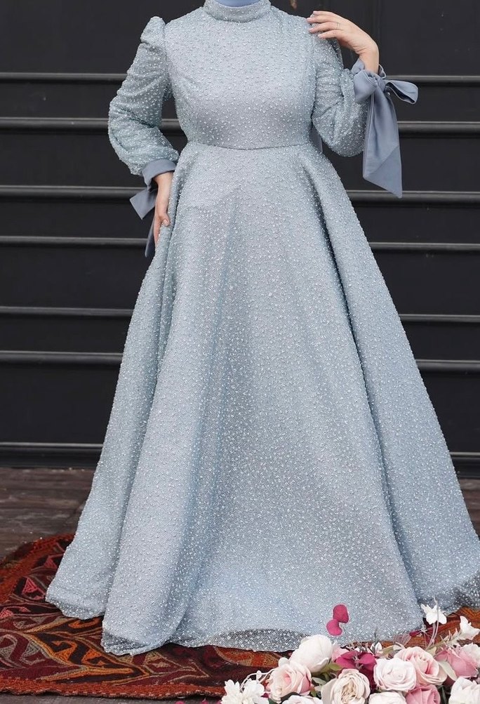 Mavi İşlemeli Uzun Abiye Elbise - Görsel 2