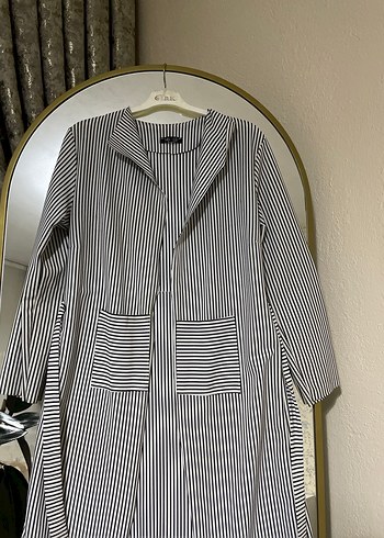 siyah beyaz Çizgili Uzun Kadın Pamuklu Kaban - Görsel 2