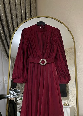 Bordo Uzun Kollu Drapeli Abiye Elbise - Görsel 2