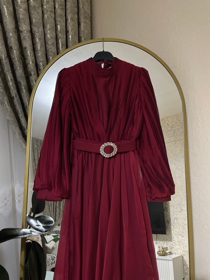 Bordo Uzun Kollu Drapeli Abiye Elbise - Görsel 2