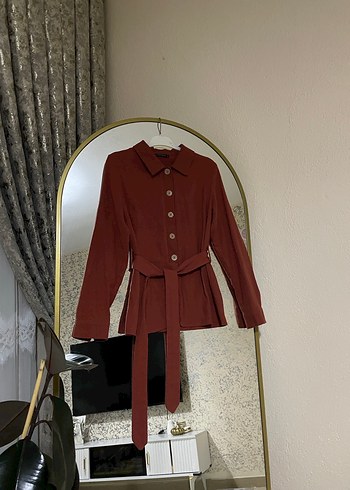 Kremit renk Kemerli Uzun Kollu Keten Gömlek - Görsel 2