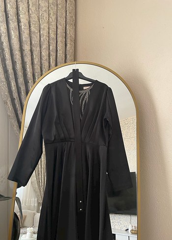 Siyah Uzun Kollu V Yakalı Uzun abiye Elbise - Görsel 2
