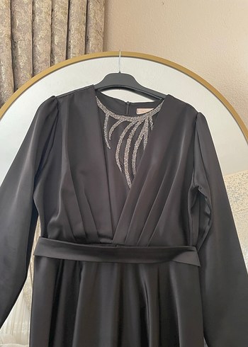 Siyah Uzun Kollu V Yakalı Uzun abiye Elbise - Görsel 3
