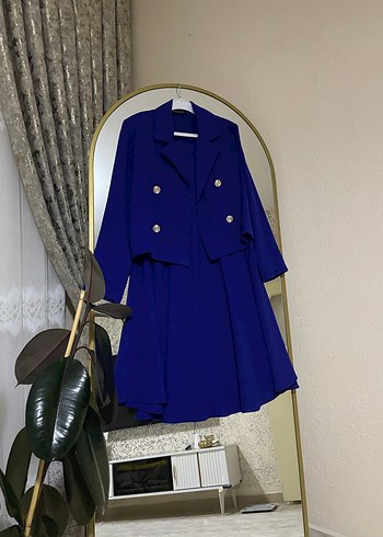 Klasik Mavi Uzun Kadın Takım Elbise - Görsel 2