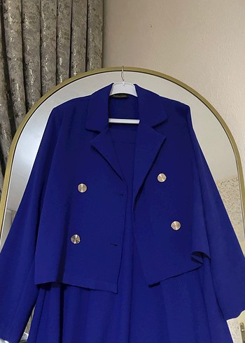 Klasik Mavi Uzun Kadın Takım Elbise - Görsel 3