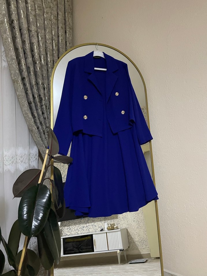 Klasik Mavi Uzun Kadın Takım Elbise - Görsel 2