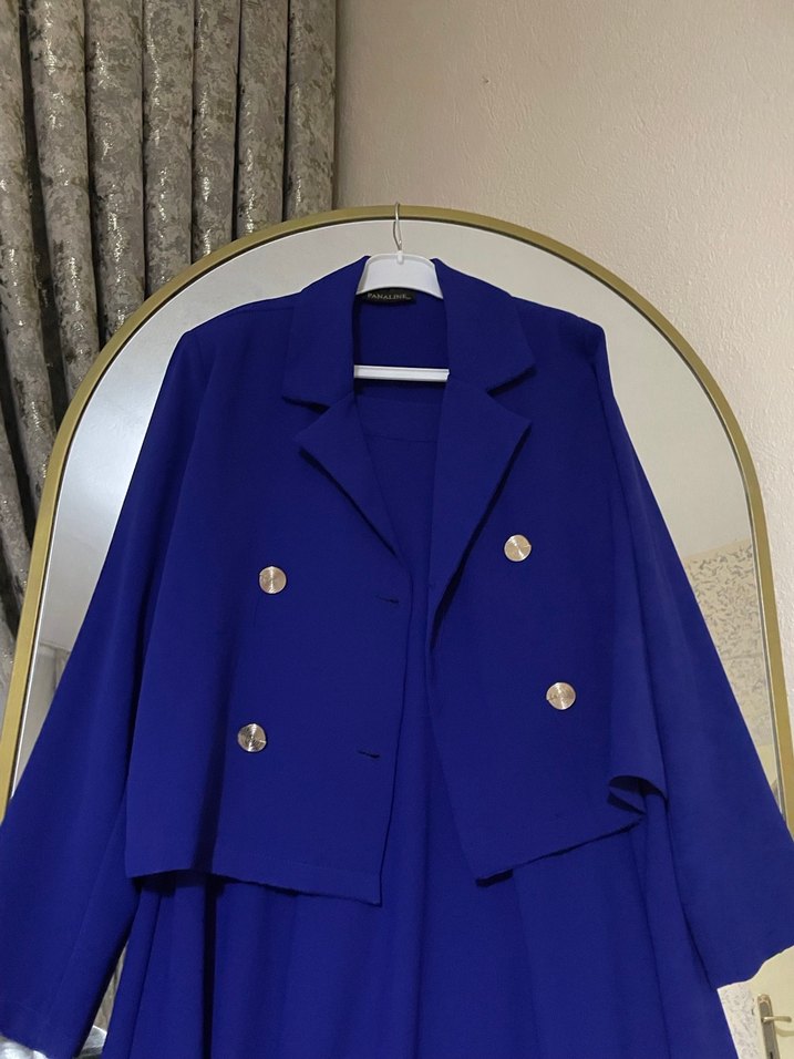 Klasik Mavi Uzun Kadın Takım Elbise - Görsel 3