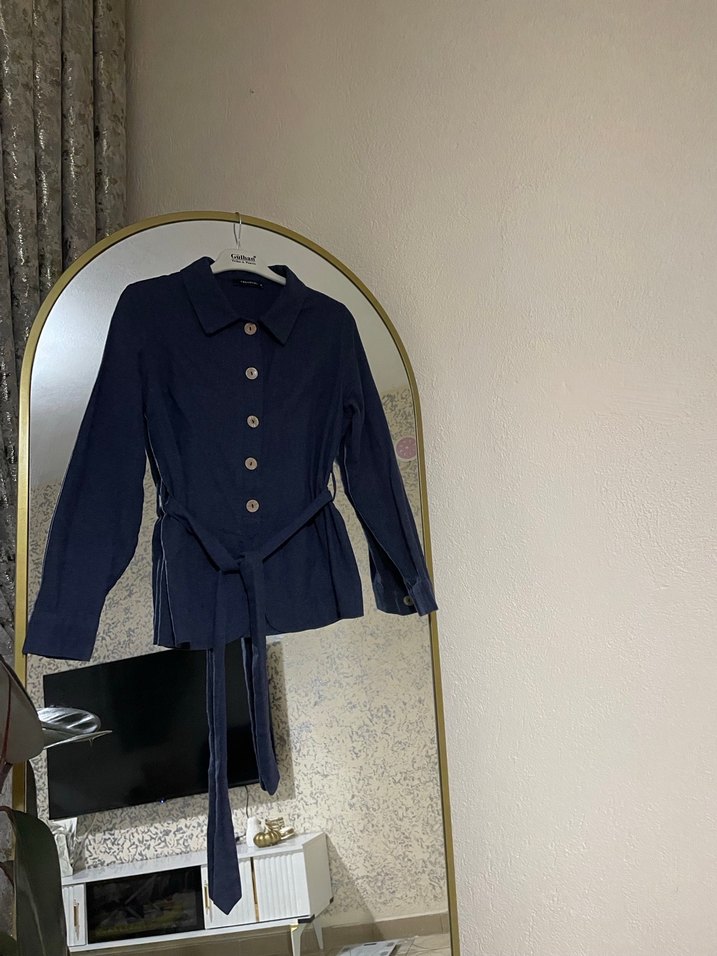 Düğmeli Lacivert Keten Ceket - Görsel 2