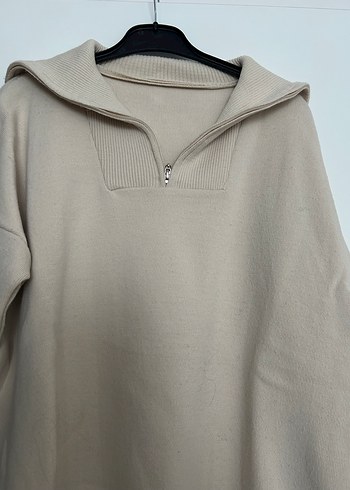 Bej Yarım Fermuarlı Yüksek Yakalı Triko Kazak - Görsel 2