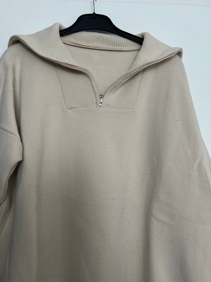 Bej Yarım Fermuarlı Yüksek Yakalı Triko Kazak - Görsel 2