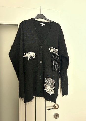 Twist Siyah  tasarım Nakışlı Uzun Örgü Kadın Hırka - Görsel 2