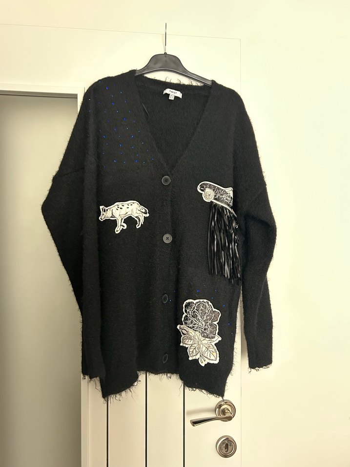 Twist Siyah  tasarım Nakışlı Uzun Örgü Kadın Hırka - Görsel 2