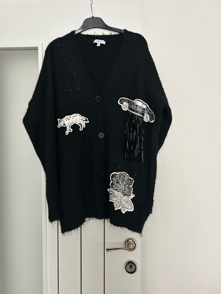 Twist Siyah  tasarım Nakışlı Uzun Örgü Kadın Hırka - Görsel 3