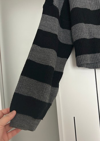 Gri Siyah Çizgili Örgü Kadın Kazak - Görsel 4