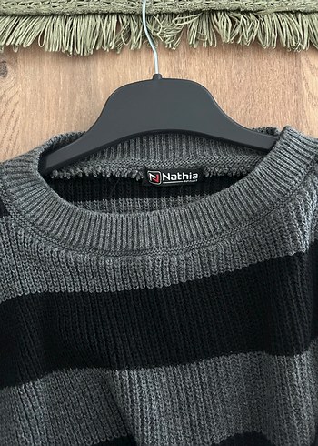 Gri Siyah Çizgili Örgü Kadın Kazak - Görsel 5