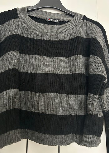 Gri Siyah Çizgili Örgü Kadın Kazak - Görsel 2