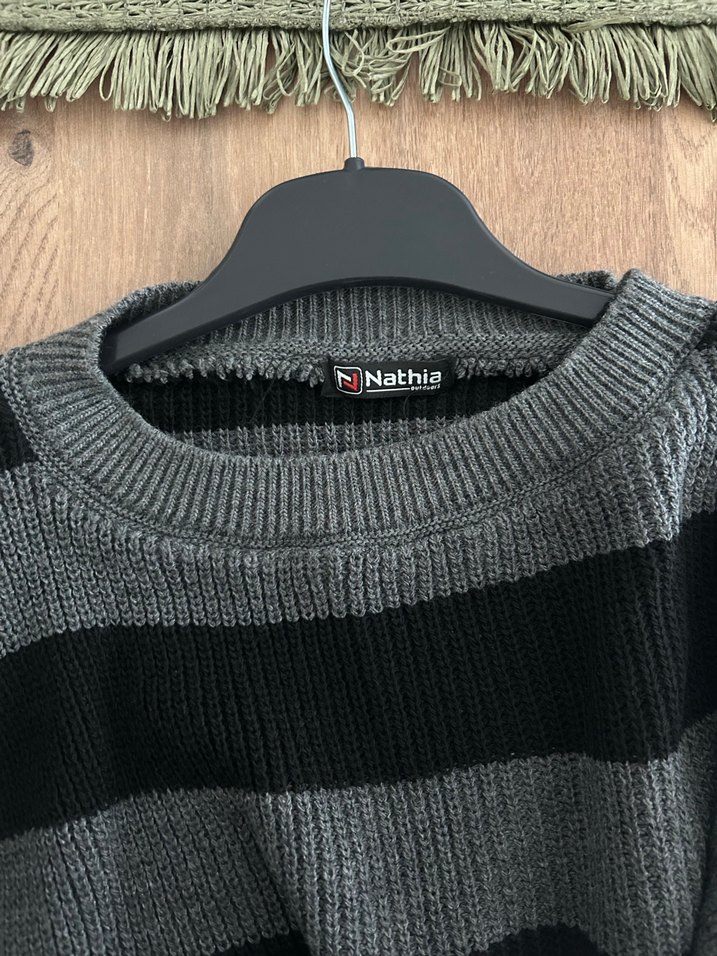 Gri Siyah Çizgili Örgü Kadın Kazak - Görsel 5